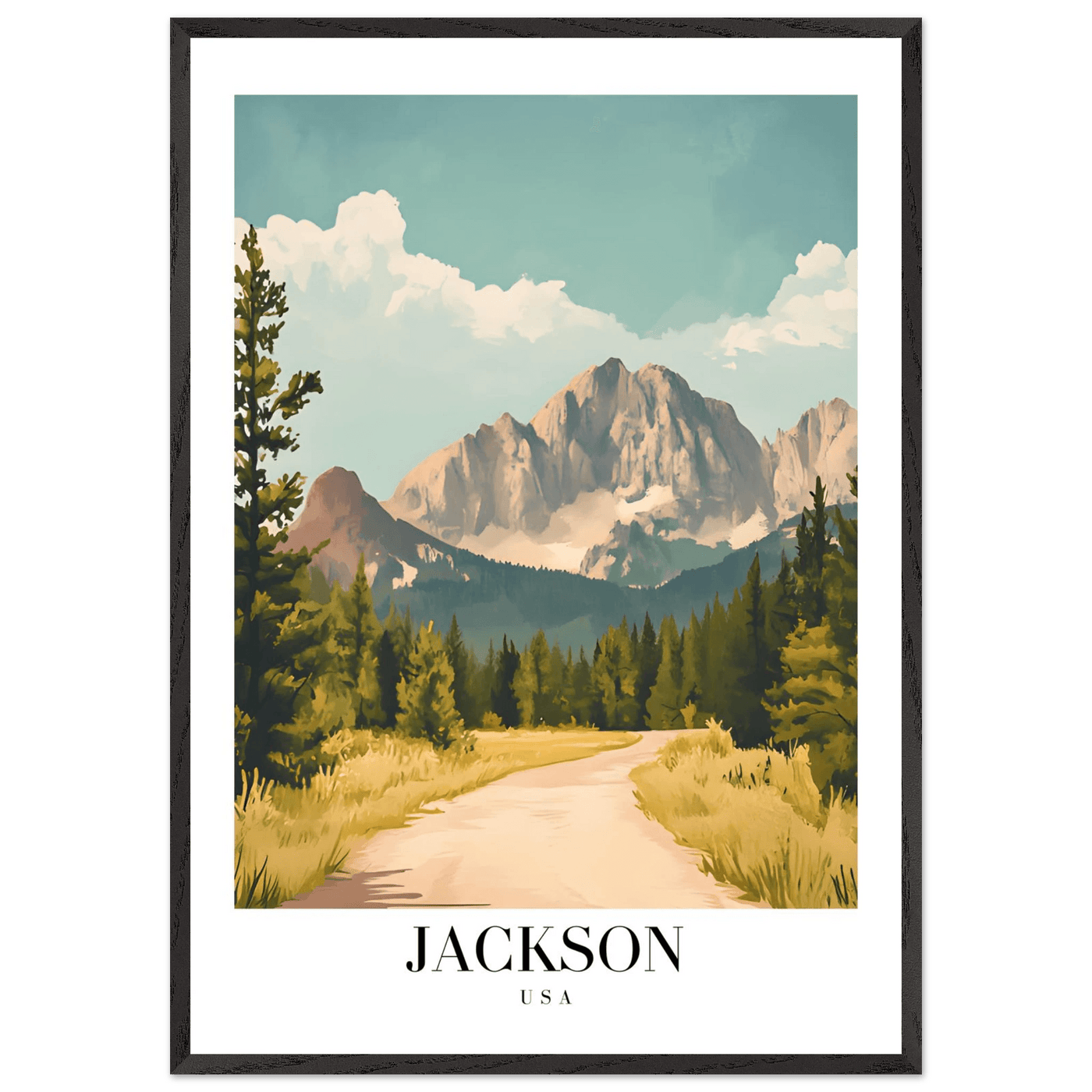 Jackson USA Mountain Landscape Framed Poster – Vintage Travel Wall Art with Wooden Frame - Vibrantwalls