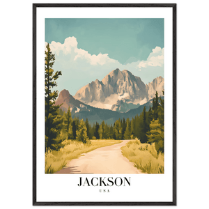 Jackson USA Mountain Landscape Framed Poster – Vintage Travel Wall Art with Wooden Frame - Vibrantwalls