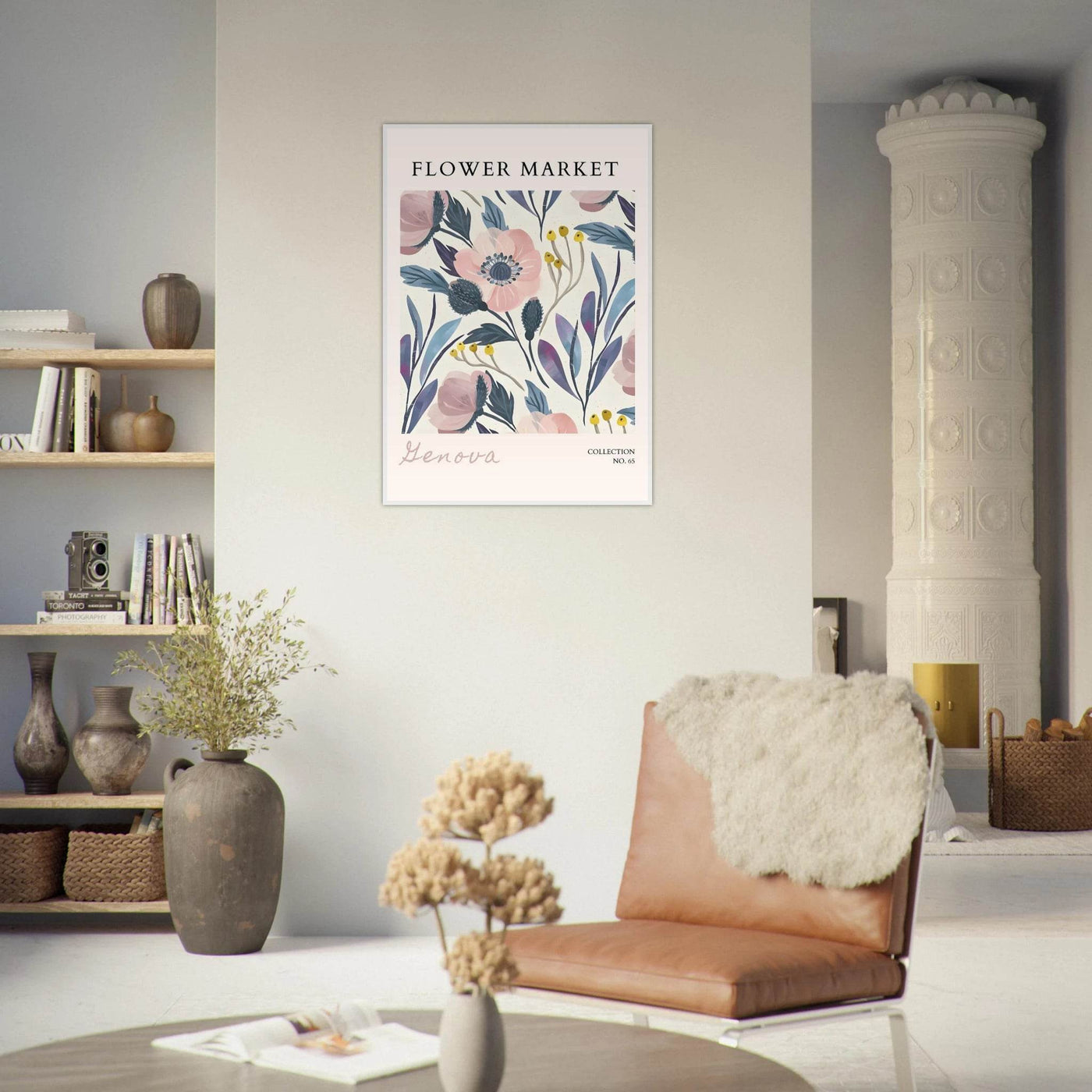 Flower Market 'Genova' Framed Poster – Blush & Indigo Floral Art Print | Ready-to-Hang Botanical Decor - Vibrantwalls