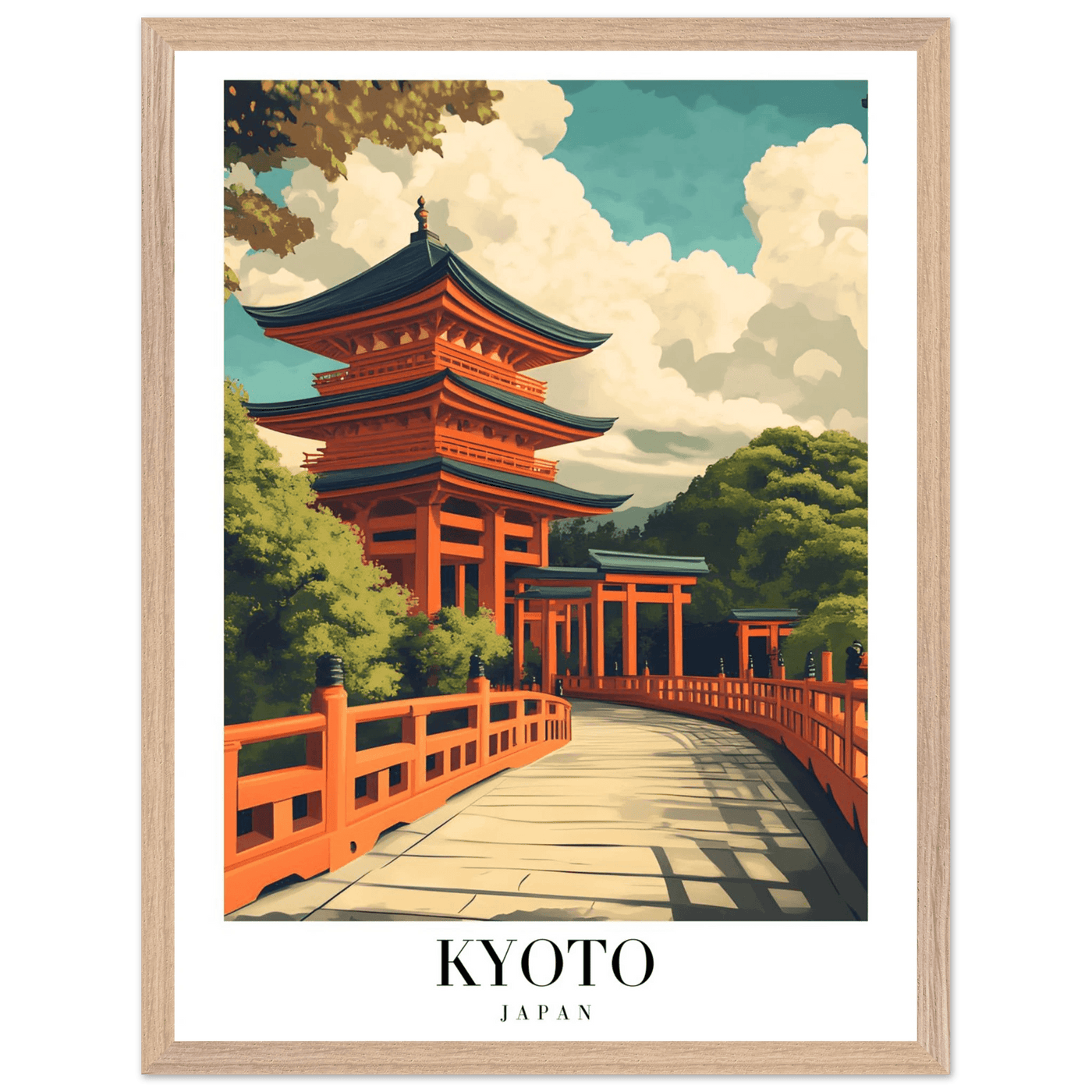 Kyoto Japan Pagoda Framed Poster – Japanese Temple Wall Art in Vibrant Orange with Wooden Frame - Vibrantwalls
