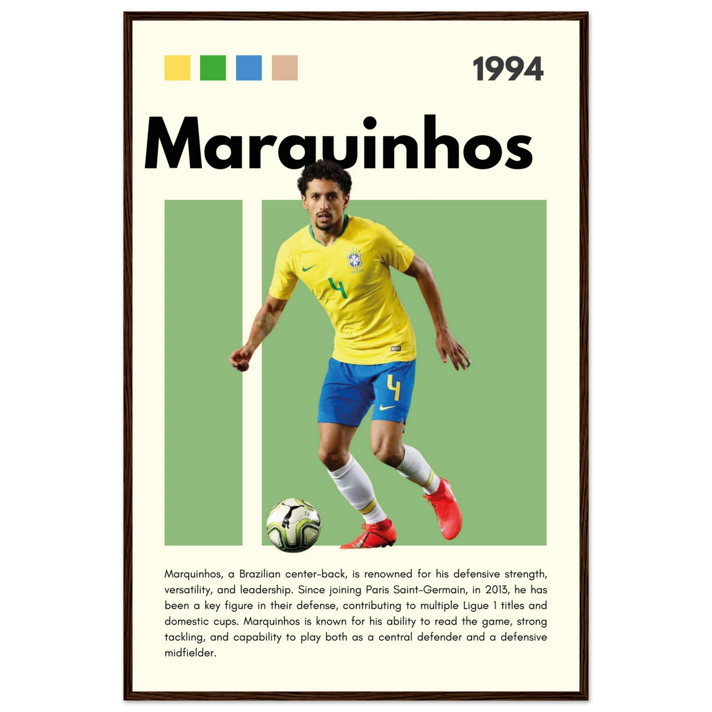 Marquinhos Brazil Football Framed Poster – Iconic Soccer Art Print for Fans 60x90 cm 24x36″ Dark wood frame Vibrantwalls