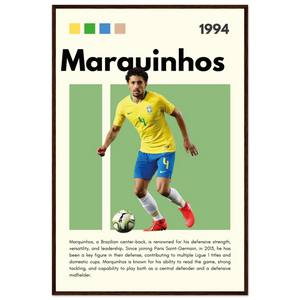 Marquinhos Brazil Football Framed Poster – Iconic Soccer Art Print for Fans 60x90 cm 24x36″ Dark wood frame Vibrantwalls