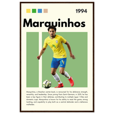 Marquinhos Brazil Football Framed Poster – Iconic Soccer Art Print for Fans 60x90 cm 24x36″ Dark wood frame Vibrantwalls