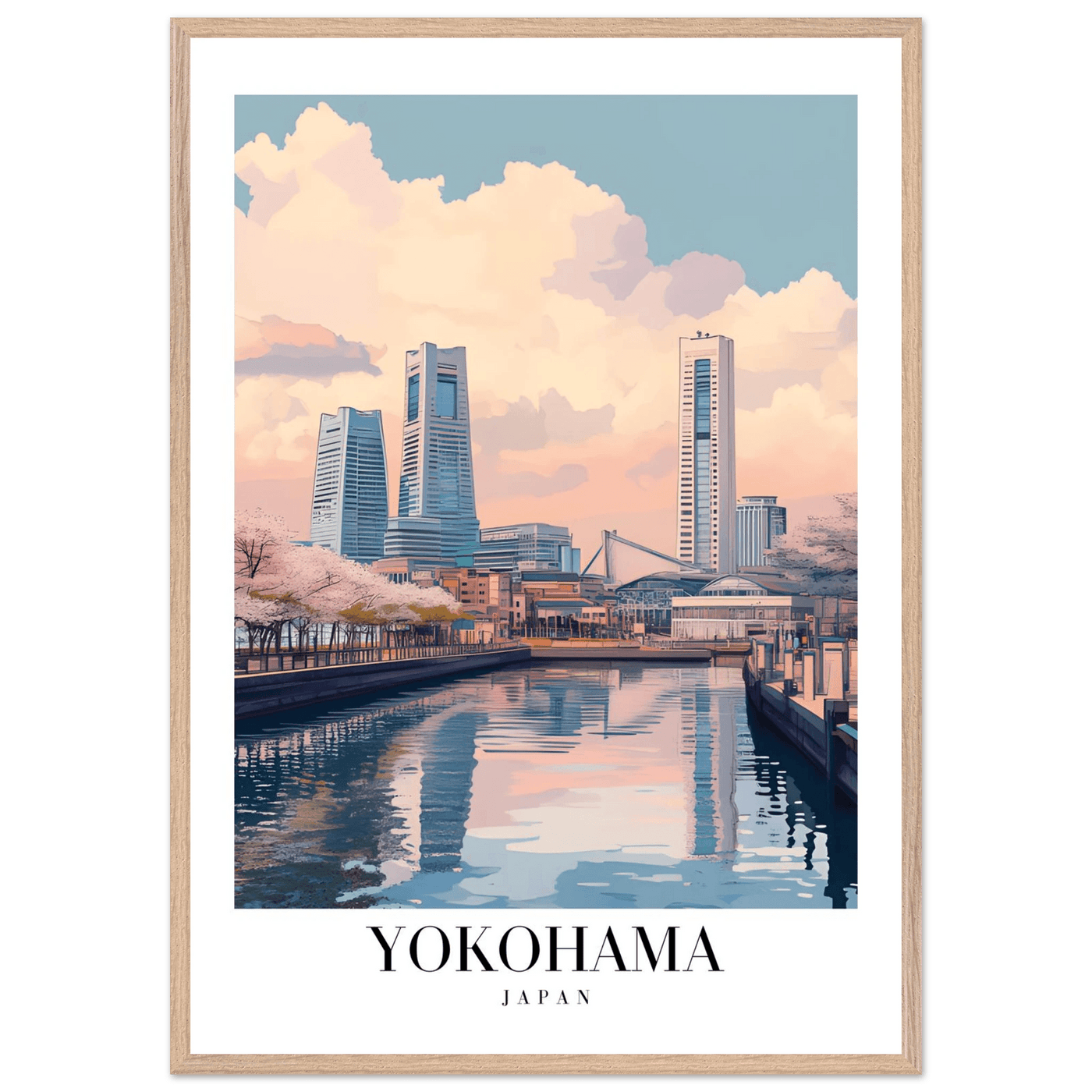 Yokohama Japan Framed Poster – Serene Pastel Cityscape Wall Art with Wooden Frame - Vibrantwalls