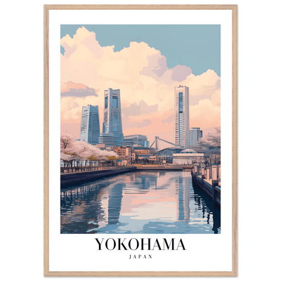 Yokohama Japan Framed Poster – Serene Pastel Cityscape Wall Art with Wooden Frame - Vibrantwalls
