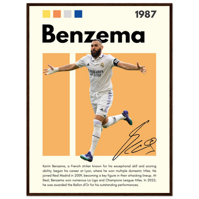 Karim Benzema Real Madrid Soccer Framed Poster – Modern Football Art Print with Signature Detail 60x80 cm 24x32″ Dark wood frame Vibrantwalls
