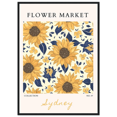 Vibrant Sunflower & Navy Floral Framed Poster – 'Flower Market Sydney' Collection | Ready-to-Hang Wall Art - Vibrantwalls