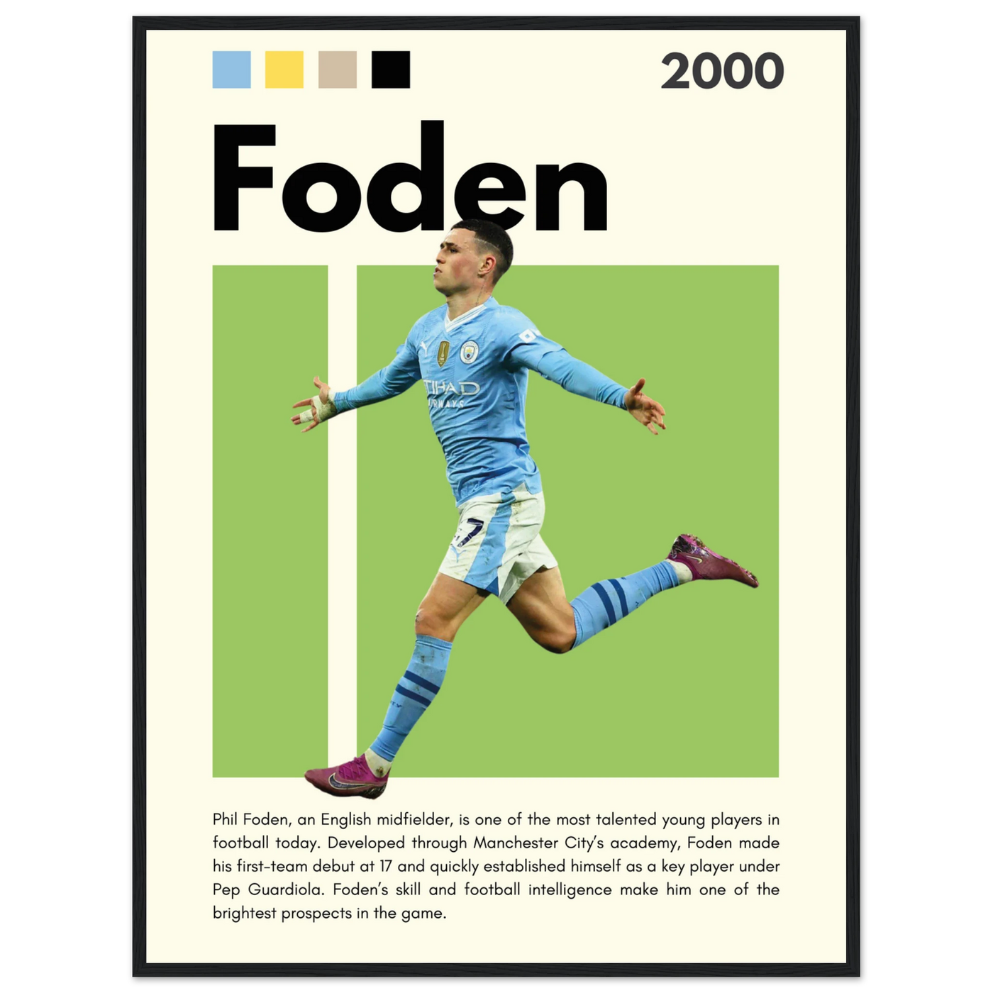 Phil Foden Manchester City Football Legend Poster 60x80 cm 24x32″ Black frame Vibrantwalls