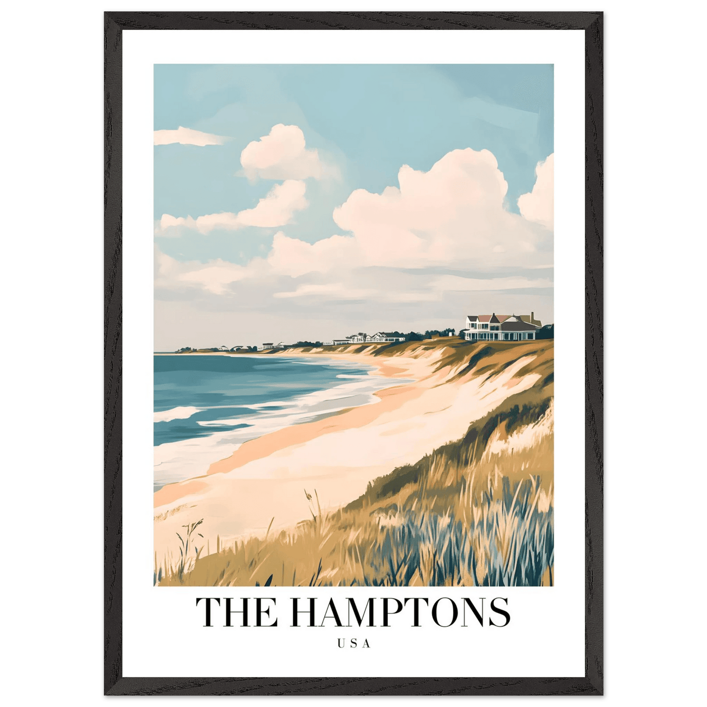 The Hamptons USA Framed Poster – Coastal Chic Vintage Travel Wall Art in Various Sizes & Frame Finishes - Vibrantwalls