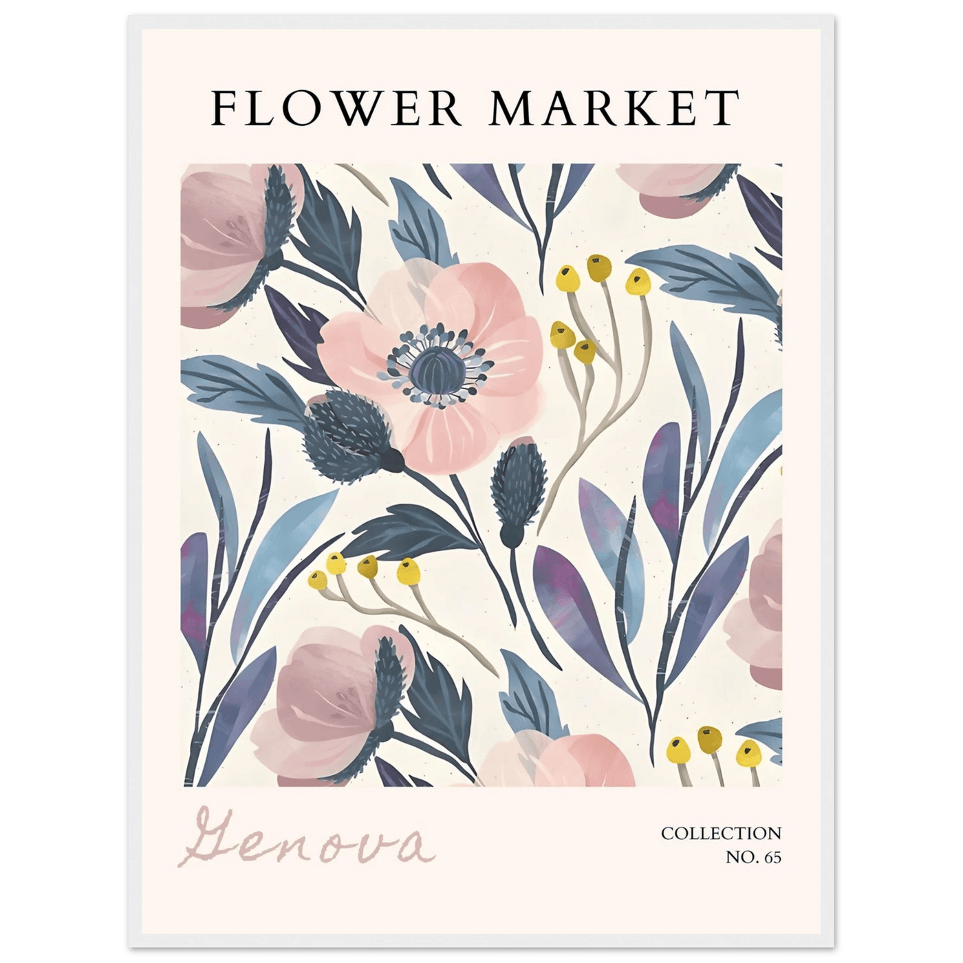 Flower Market 'Genova' Framed Poster – Blush & Indigo Floral Art Print | Ready-to-Hang Botanical Decor - Vibrantwalls