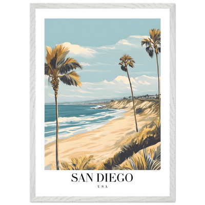 San Diego USA Framed Poster – Vintage Beach Travel Wall Art with Wooden Frame in Your Choice of Size and Finish - Vibrantwalls