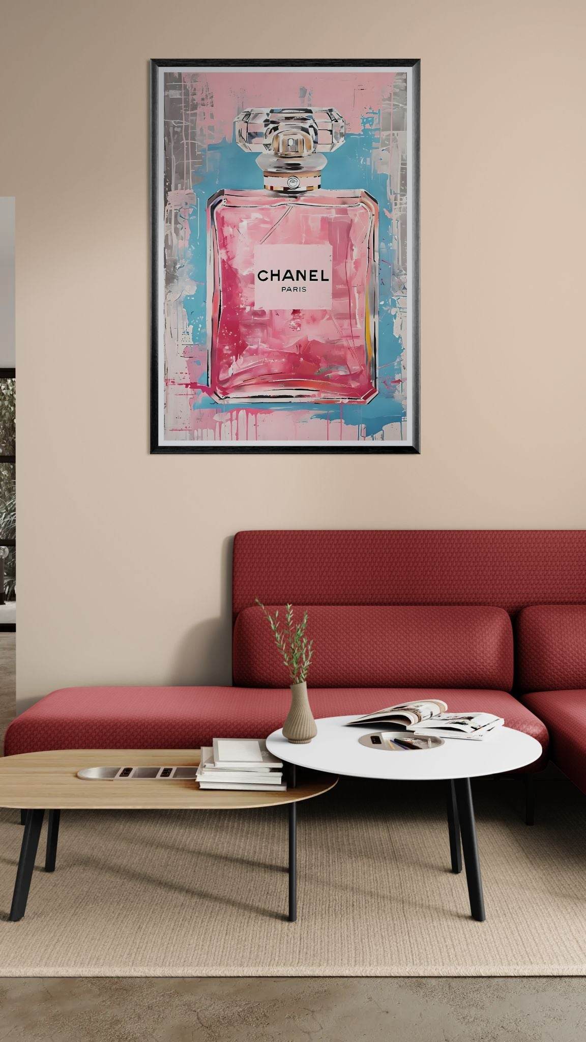 Coco Mademoiselle Chanel Art Print - Pink & Blue Pop Art Style Framed Poster - Vibrantwalls