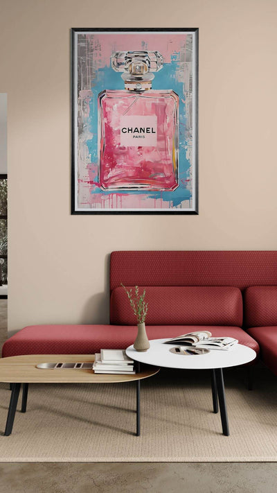 Coco Mademoiselle Chanel Art Print - Pink & Blue Pop Art Style Framed Poster - Vibrantwalls