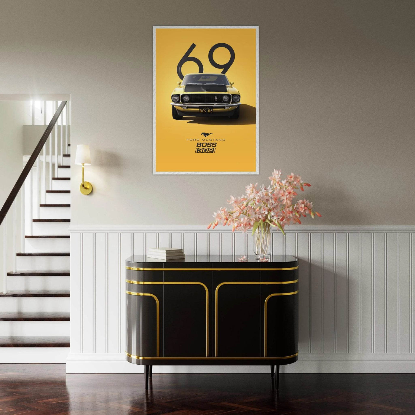 1969 Ford Mustang Boss 302 '69 - Iconic Yellow Framed Poster | Ready-to-Hang, Premium Art Print - Vibrantwalls