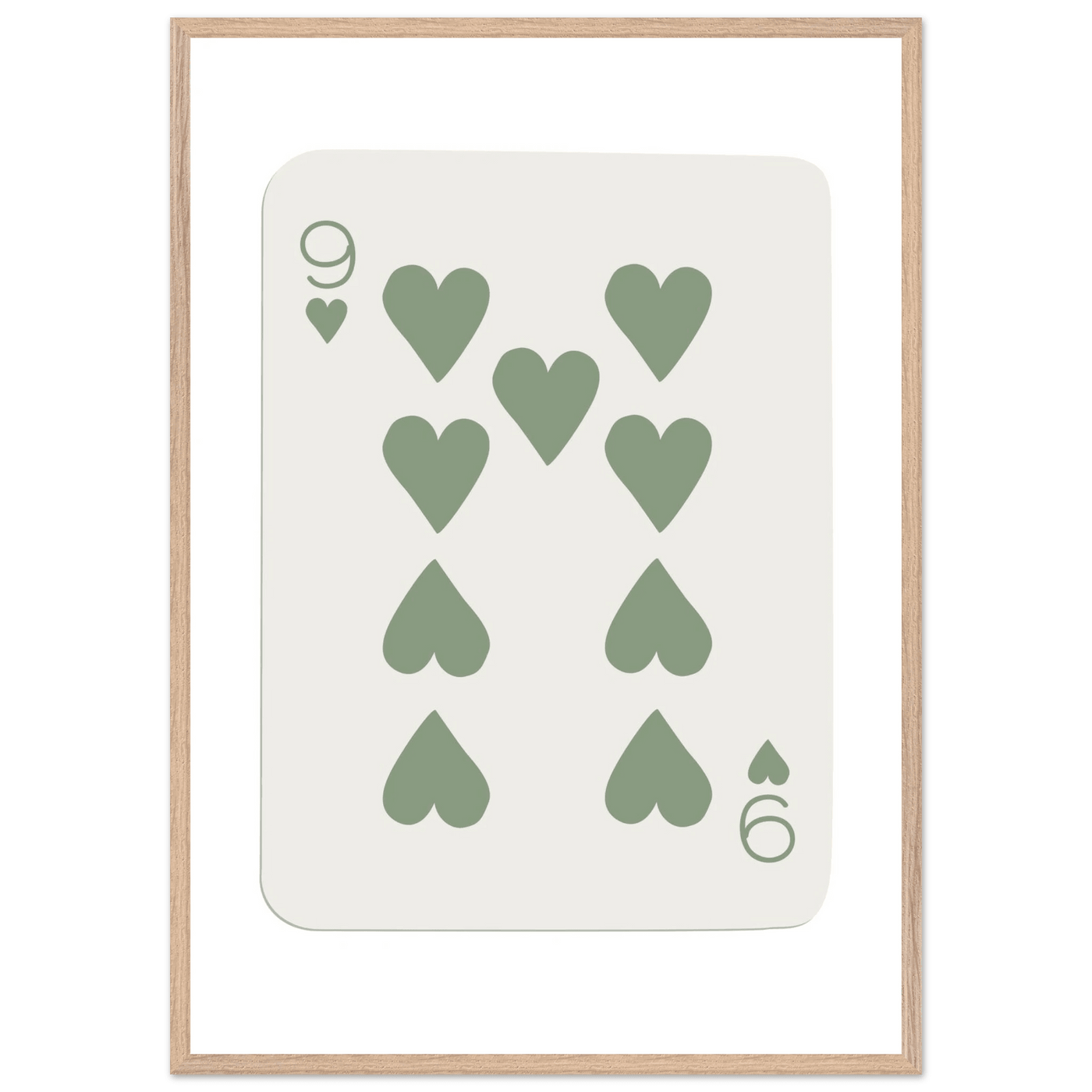 Minimalist Nine of Hearts Poker Card Print - Mounted Framed Wall Art, Sage Green Boho Decor, Eco-Friendly Wood Frame - Vibrantwalls