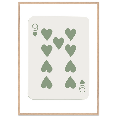 Minimalist Nine of Hearts Poker Card Print - Mounted Framed Wall Art, Sage Green Boho Decor, Eco-Friendly Wood Frame - Vibrantwalls
