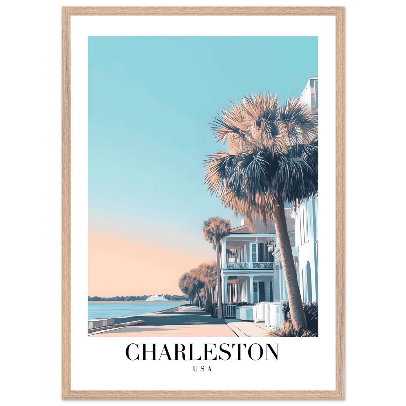 Charleston USA Framed Poster – Coastal Vintage Wall Art with Wooden Frame and Serene Sunset Hues - Vibrantwalls