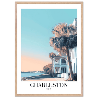 Charleston USA Framed Poster – Coastal Vintage Wall Art with Wooden Frame and Serene Sunset Hues - Vibrantwalls