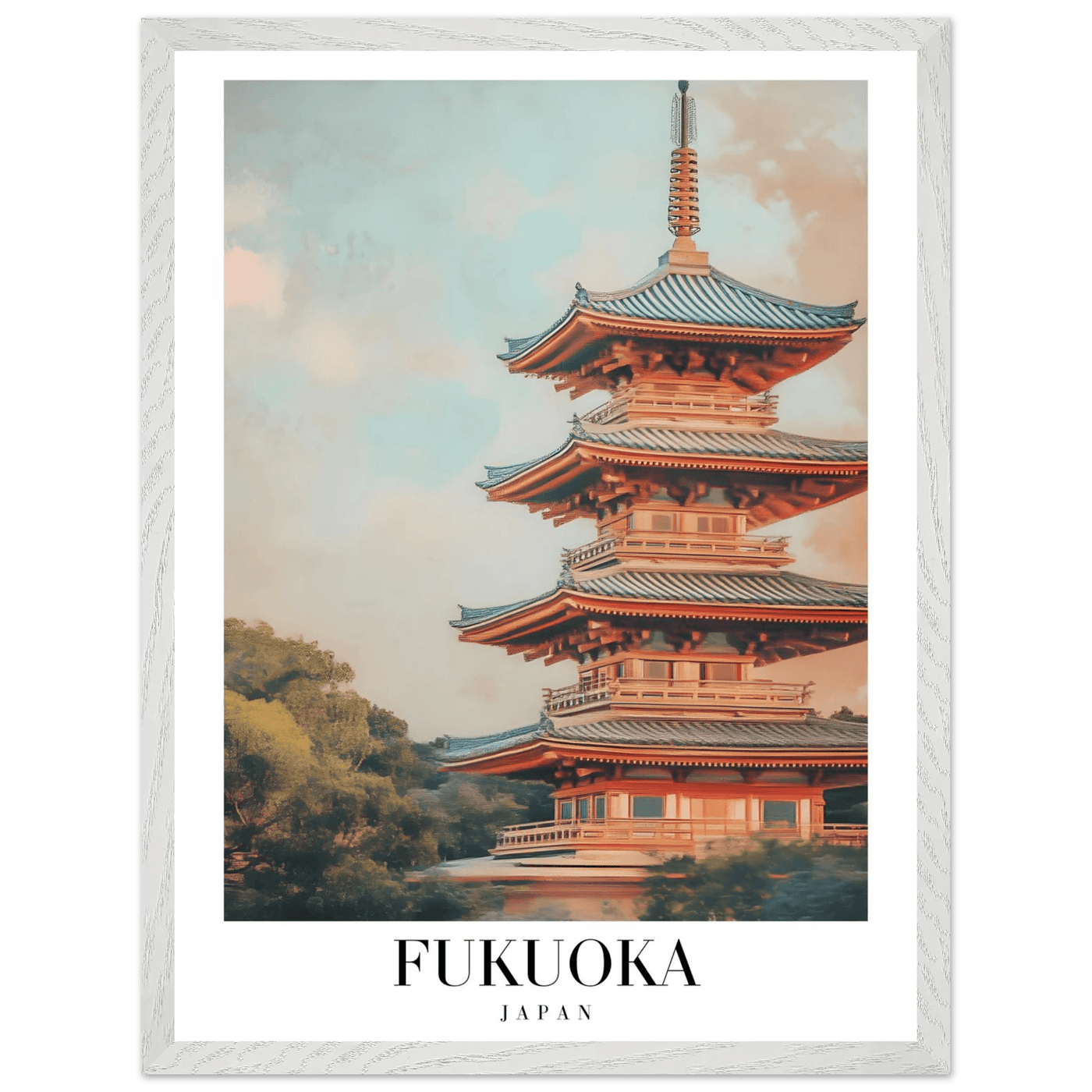 Fukuoka Japan Vintage Pagoda Framed Poster – Serene Travel Wall Art with Wooden Frame - Vibrantwalls