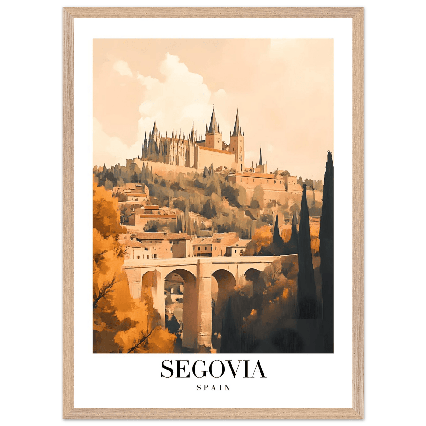 Segovia Spain Framed Poster – Vintage Travel Art with Warm Hues & Wooden Frame - Vibrantwalls