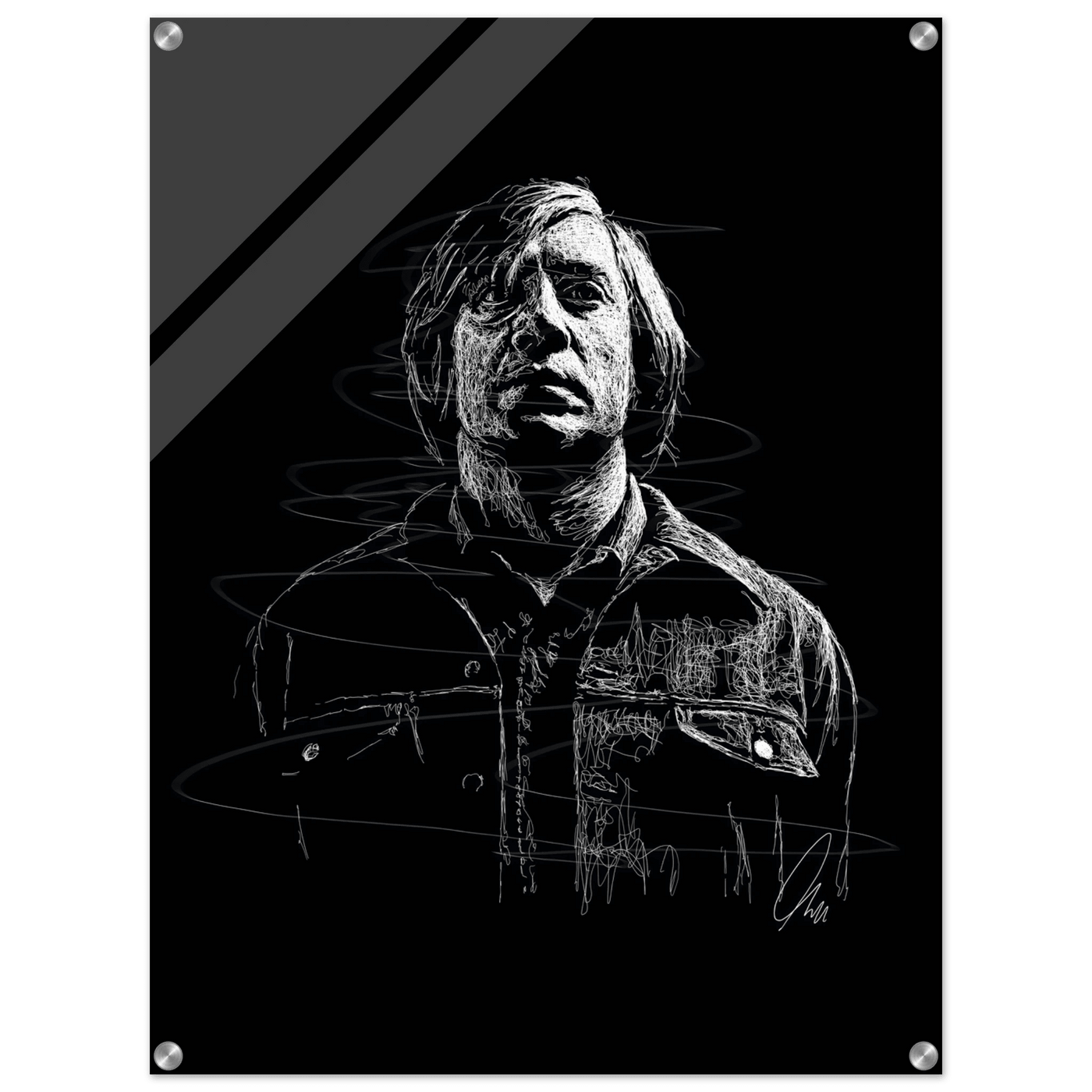 Javier Bardem in No Country for Old Men – Iconic Scrawl Art Acrylic Print - Vibrantwalls