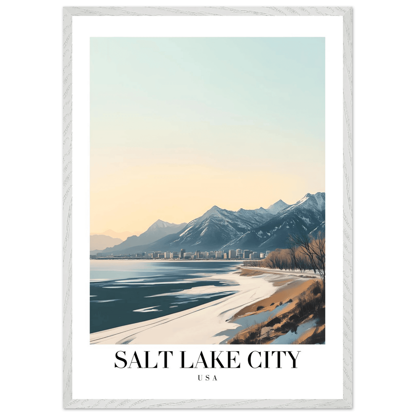 Salt Lake City Framed Poster – Modern Winter Landscape Art with Wood Frame - Vibrantwalls