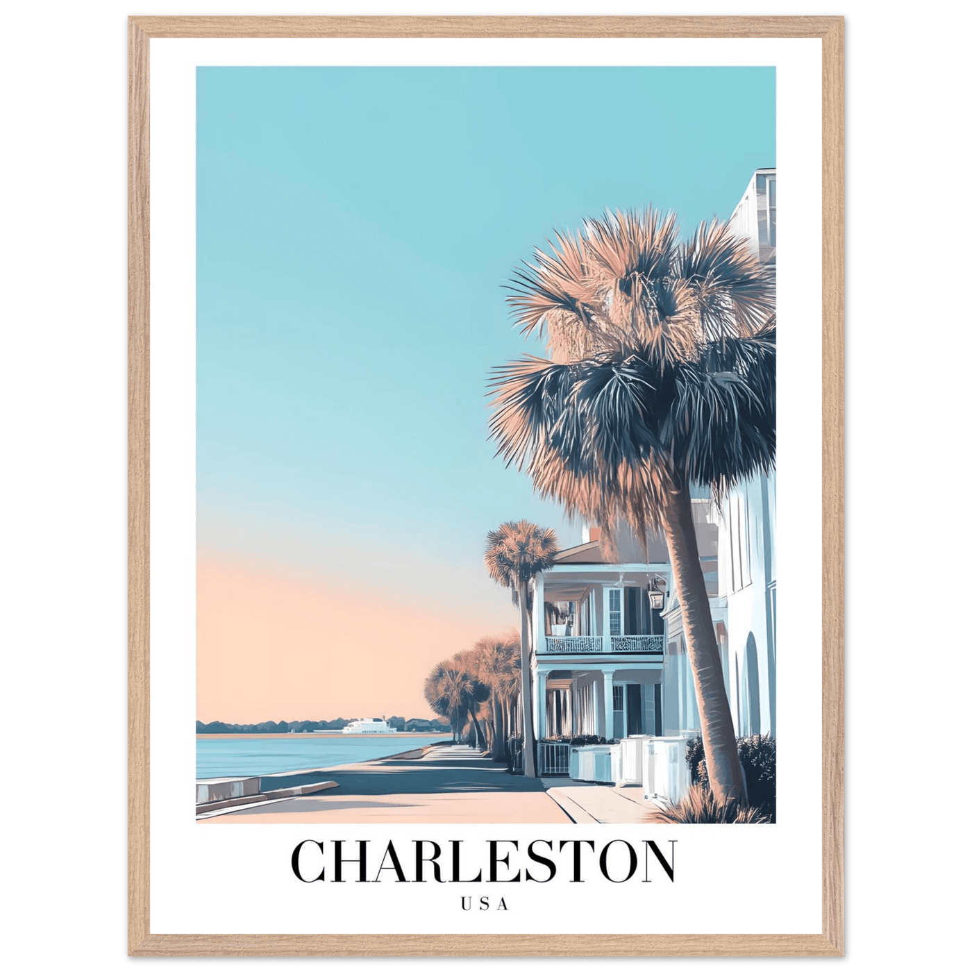 Charleston USA Framed Poster – Coastal Vintage Wall Art with Wooden Frame and Serene Sunset Hues - Vibrantwalls