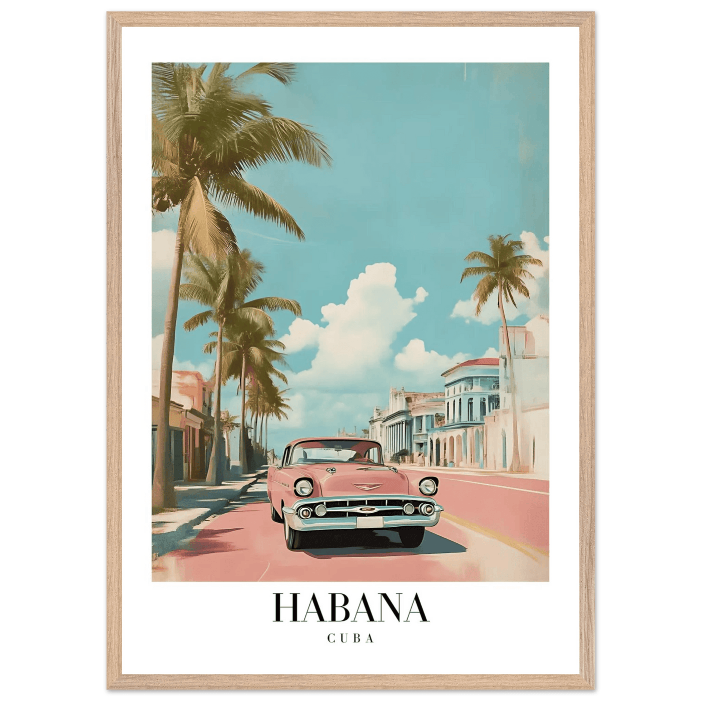 Habana Cuba Framed Poster – Vintage Pink Car Travel Art with Wooden Frame - Vibrantwalls