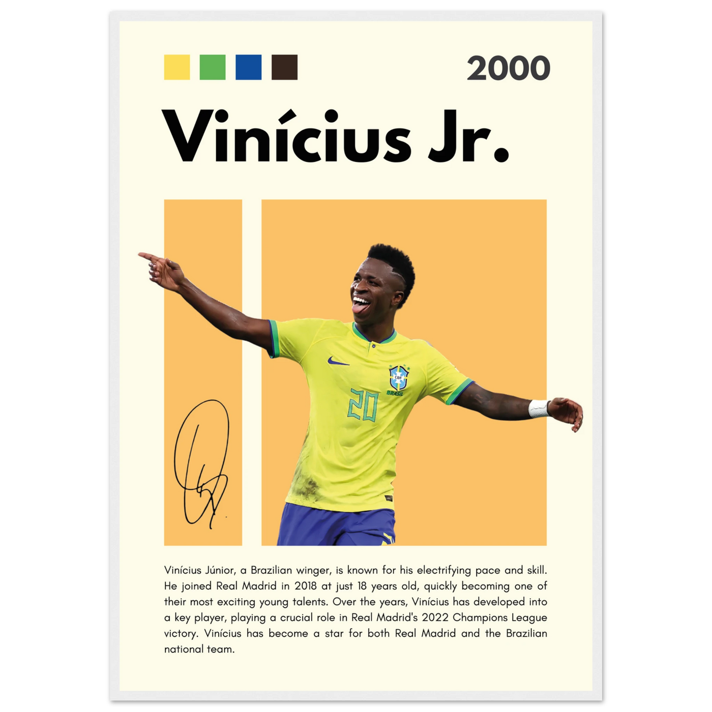 Vinicius Jr. Brazil Soccer Framed Poster – Dynamic Football Legend Art Print in Multiple Sizes & Frame Finishes A1 (59.4 x 84.1 cm) White frame Vibrantwalls