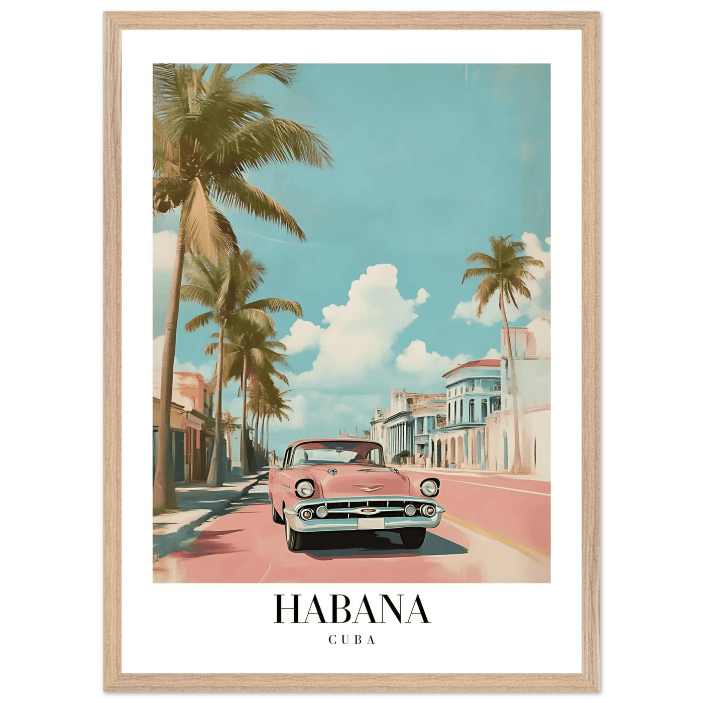 Habana Cuba Framed Poster – Vintage Pink Car Travel Art with Wooden Frame - Vibrantwalls