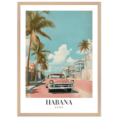 Habana Cuba Framed Poster – Vintage Pink Car Travel Art with Wooden Frame - Vibrantwalls