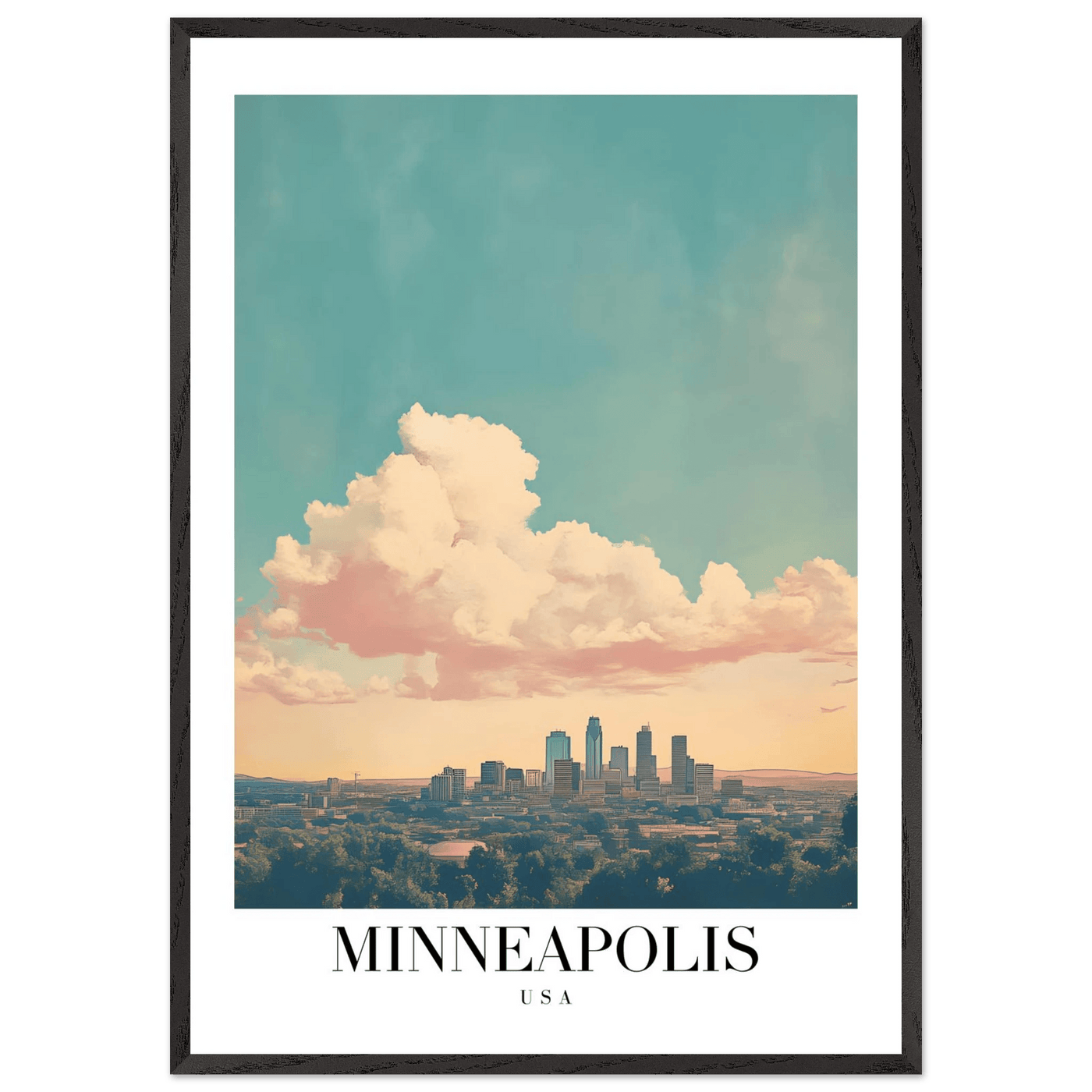Minneapolis USA Framed Poster – Pastel Dream Sky Vintage Cityscape Art with Premium Wooden Frame - Vibrantwalls
