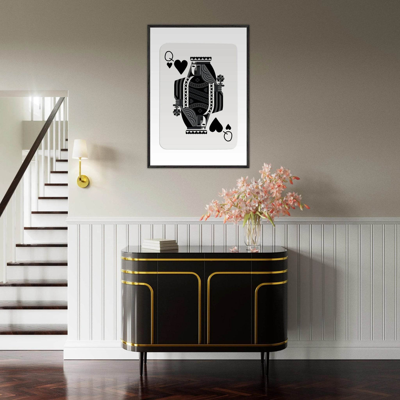 Queen of Spades Poker Card Print - Elegant Black & White Mounted Framed Poster Art, Eco-Friendly Wood Frame - Vibrantwalls