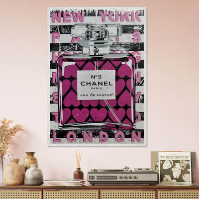 Chanel No. 5 Pink Hearts Pop Art Print in Premium Mounted Frame - Vibrantwalls