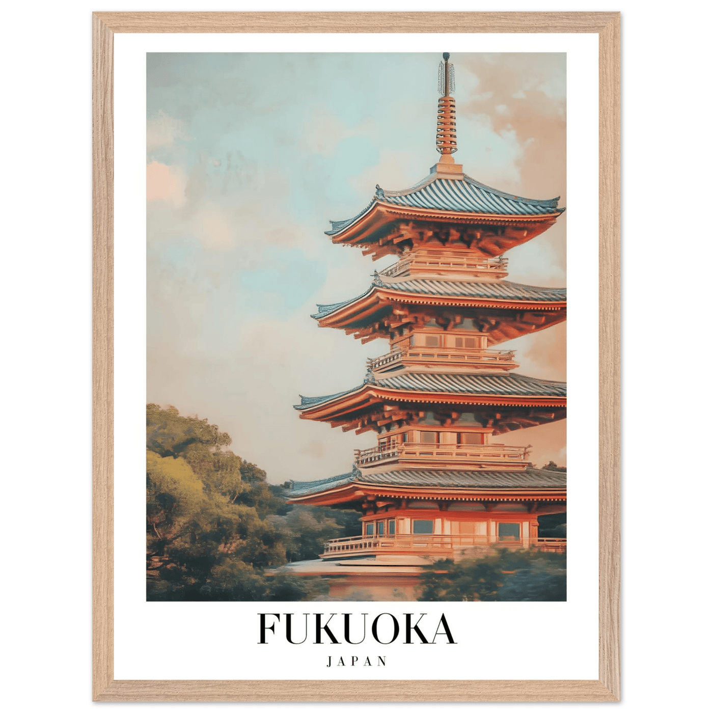 Fukuoka Japan Vintage Pagoda Framed Poster – Serene Travel Wall Art with Wooden Frame - Vibrantwalls