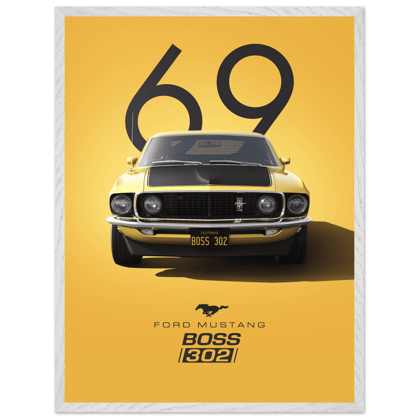 1969 Ford Mustang Boss 302 '69 - Iconic Yellow Framed Poster | Ready-to-Hang, Premium Art Print - Vibrantwalls