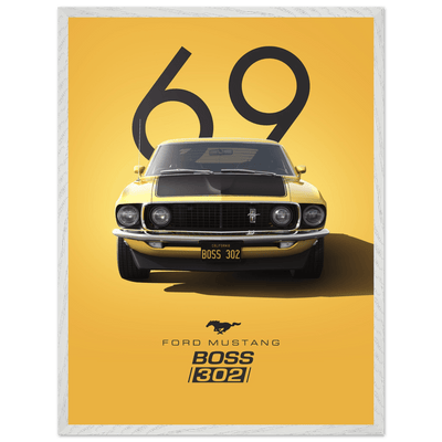 1969 Ford Mustang Boss 302 '69 - Iconic Yellow Framed Poster | Ready-to-Hang, Premium Art Print - Vibrantwalls