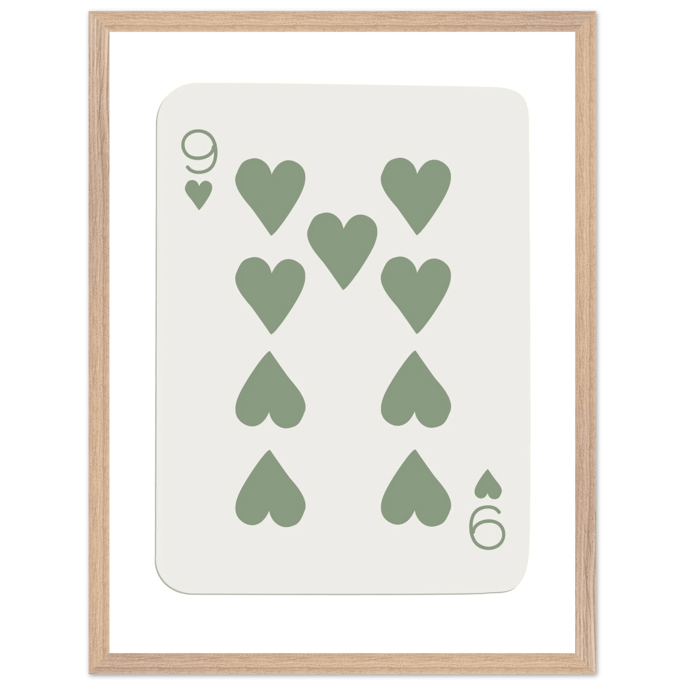 Minimalist Nine of Hearts Poker Card Print - Mounted Framed Wall Art, Sage Green Boho Decor, Eco-Friendly Wood Frame - Vibrantwalls