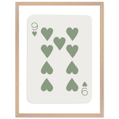 Minimalist Nine of Hearts Poker Card Print - Mounted Framed Wall Art, Sage Green Boho Decor, Eco-Friendly Wood Frame - Vibrantwalls