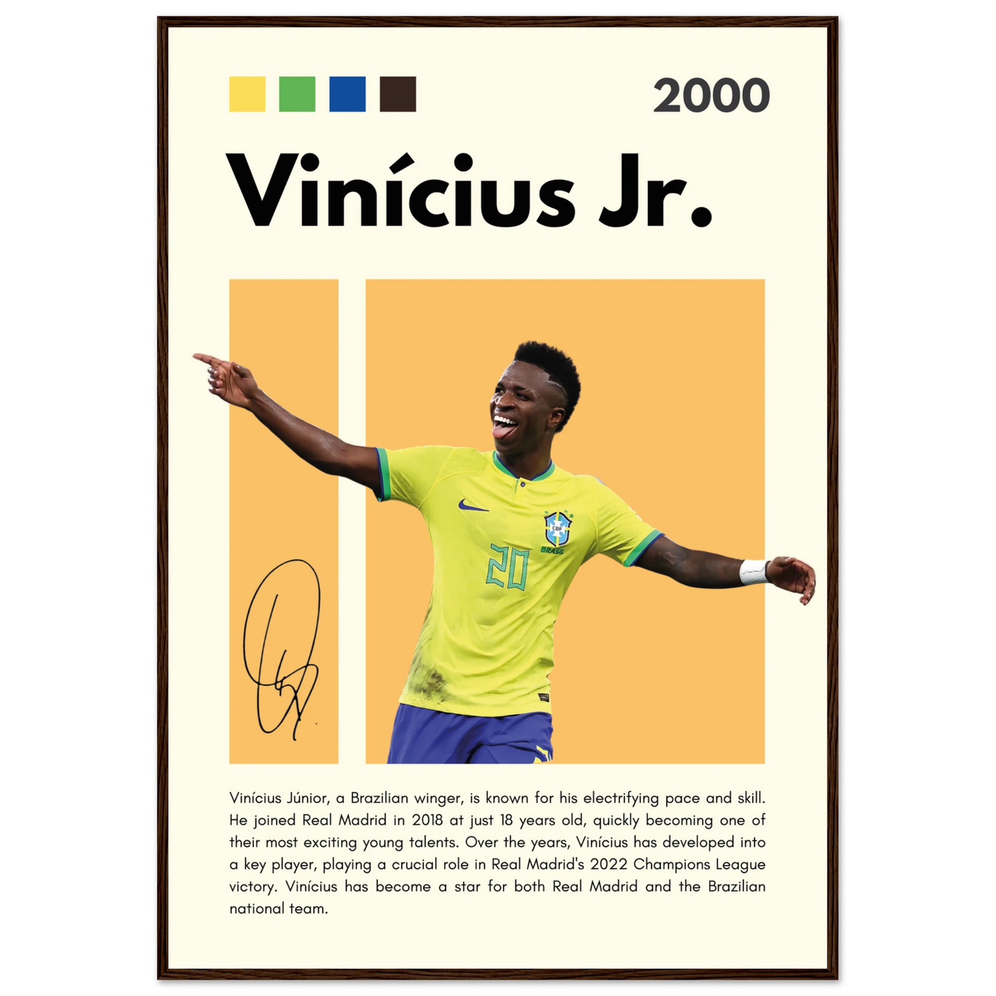 Vinicius Jr. Brazil Soccer Framed Poster – Dynamic Football Legend Art Print in Multiple Sizes & Frame Finishes 70x100 cm 28x40″ Dark wood frame Vibrantwalls
