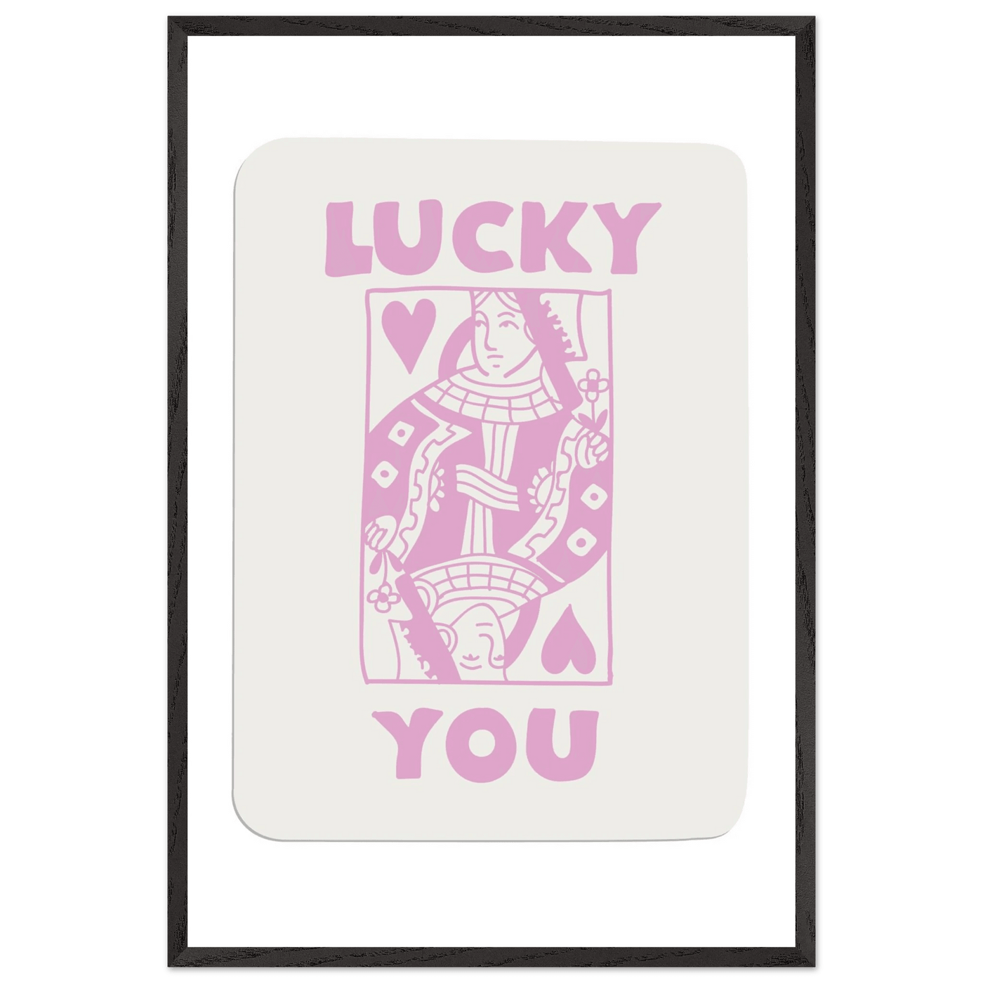 Lucky You Poker Card Art Print - Queen of Hearts Framed Poster, Pink & Cream Aesthetic Decor - Vibrantwalls