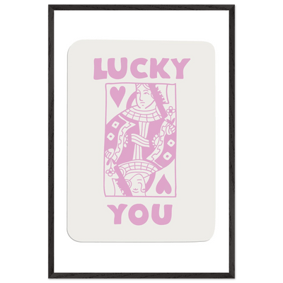 Lucky You Poker Card Art Print - Queen of Hearts Framed Poster, Pink & Cream Aesthetic Decor - Vibrantwalls