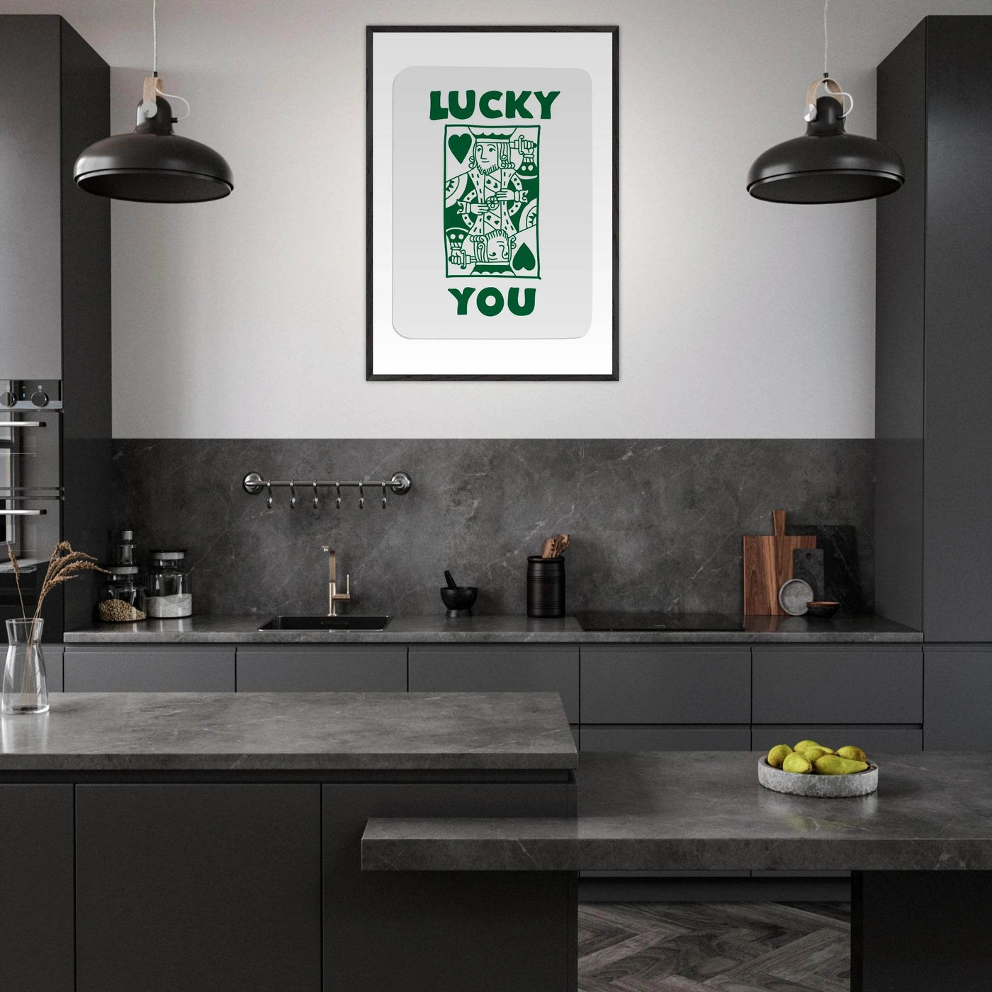 Lucky You Poker King of Hearts Print - Mounted Eco-Friendly Framed Poster Art in Dark Green - Vibrantwalls