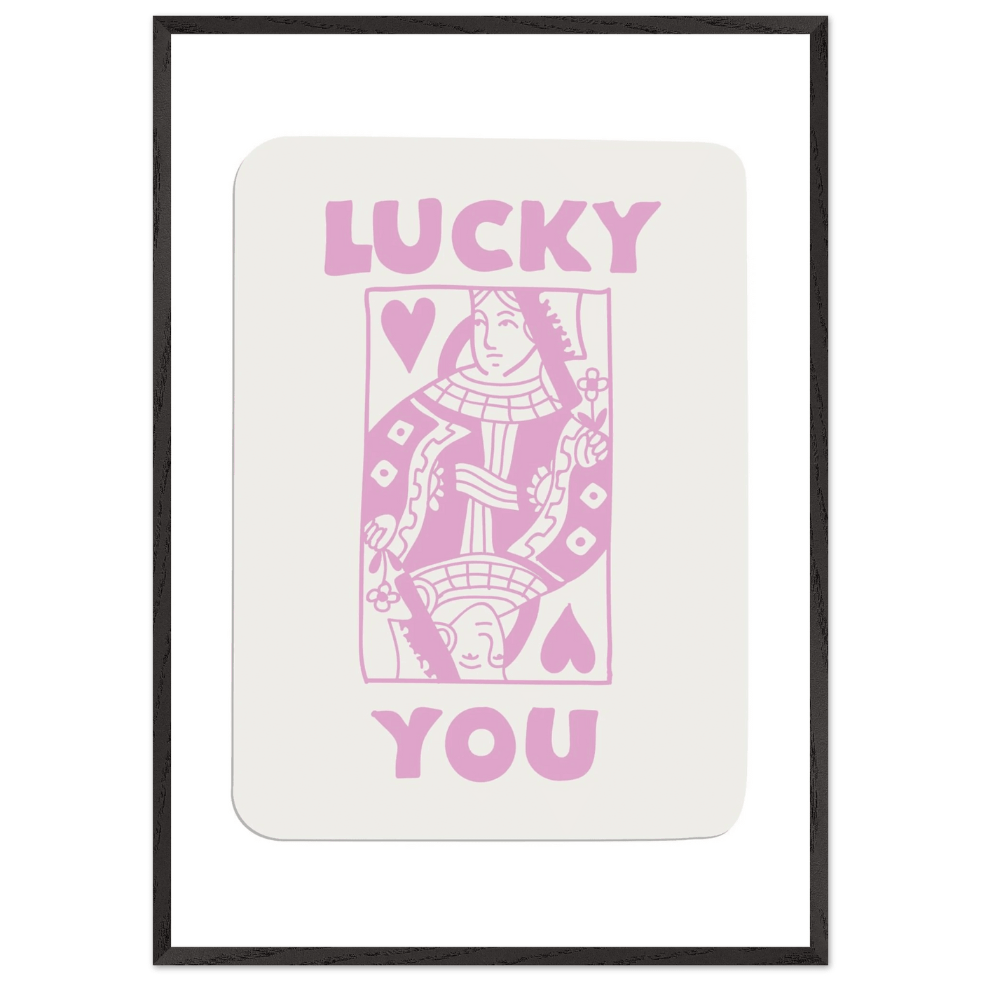 Lucky You Poker Card Art Print - Queen of Hearts Framed Poster, Pink & Cream Aesthetic Decor - Vibrantwalls
