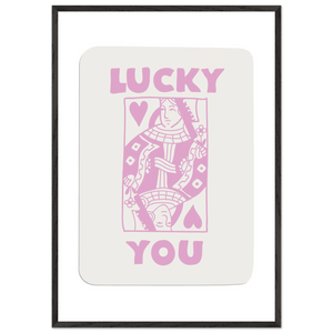 Lucky You Poker Card Art Print - Queen of Hearts Framed Poster, Pink & Cream Aesthetic Decor - Vibrantwalls