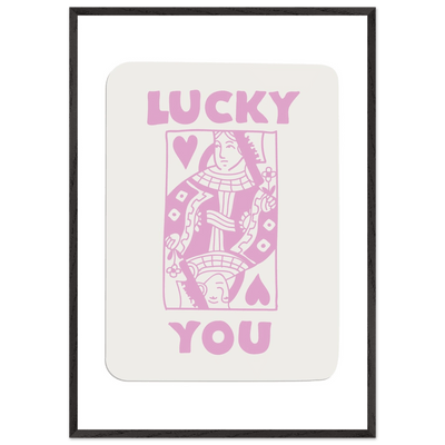 Lucky You Poker Card Art Print - Queen of Hearts Framed Poster, Pink & Cream Aesthetic Decor - Vibrantwalls