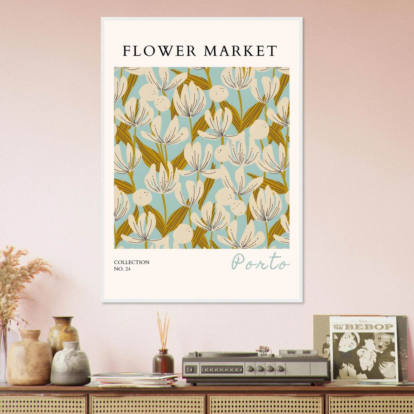 Flower Market Porto Abstract Floral Framed Poster | Calming Blue & Gold Botanical Art Print, Ready-to-Hang - Vibrantwalls