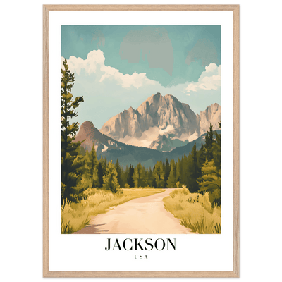 Jackson USA Mountain Landscape Framed Poster – Vintage Travel Wall Art with Wooden Frame - Vibrantwalls