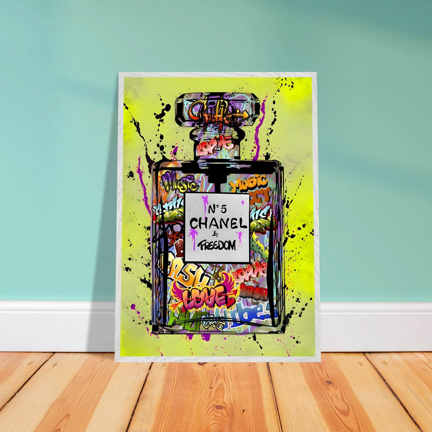 Coco Chanel No. 5 Graffiti Art Print - Vibrant Street Style Perfume Bottle Framed Wall Art - Vibrantwalls