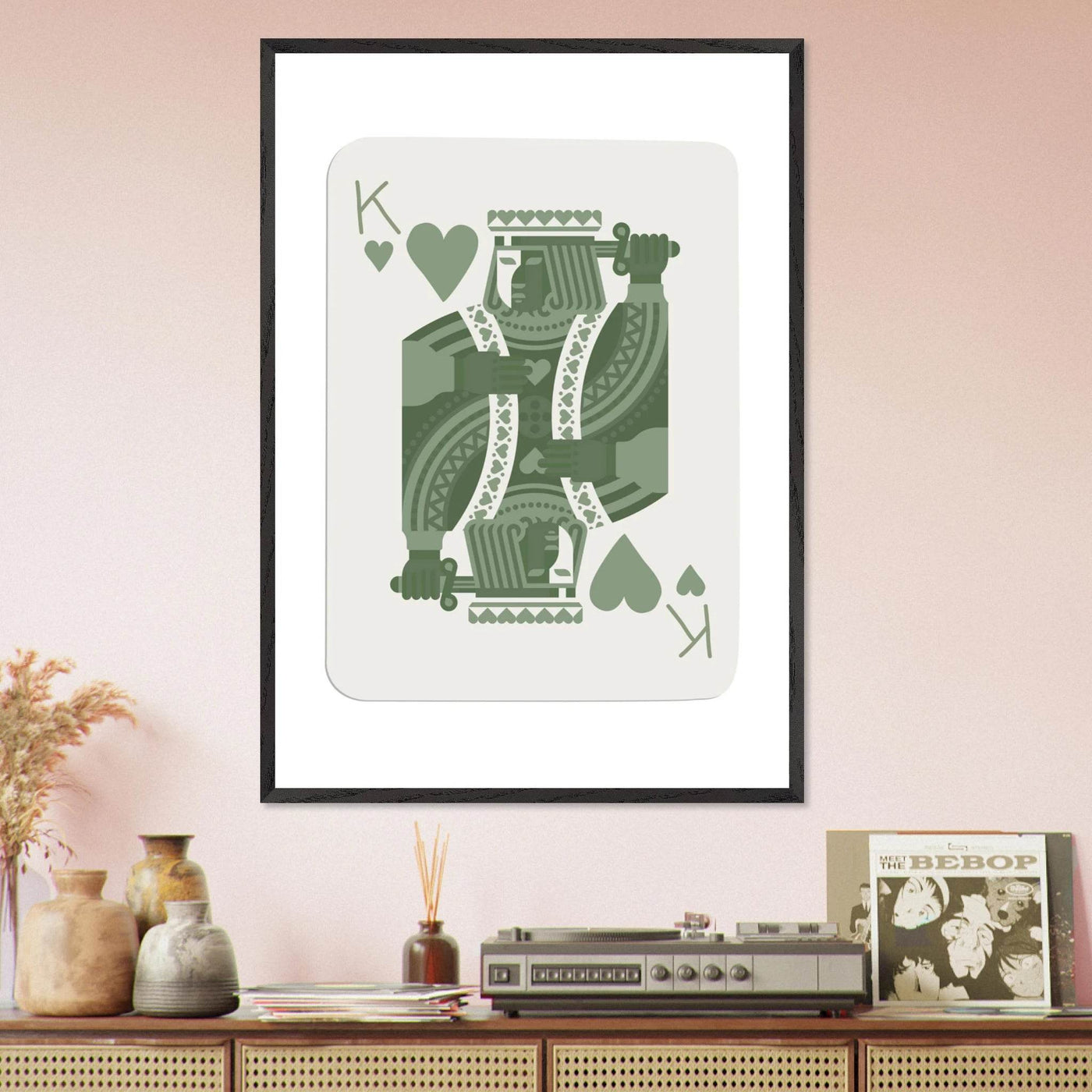 King of Hearts Poker Card Print - Sage Green & White Framed Art, Eco-Friendly Wood Frame - Vibrantwalls